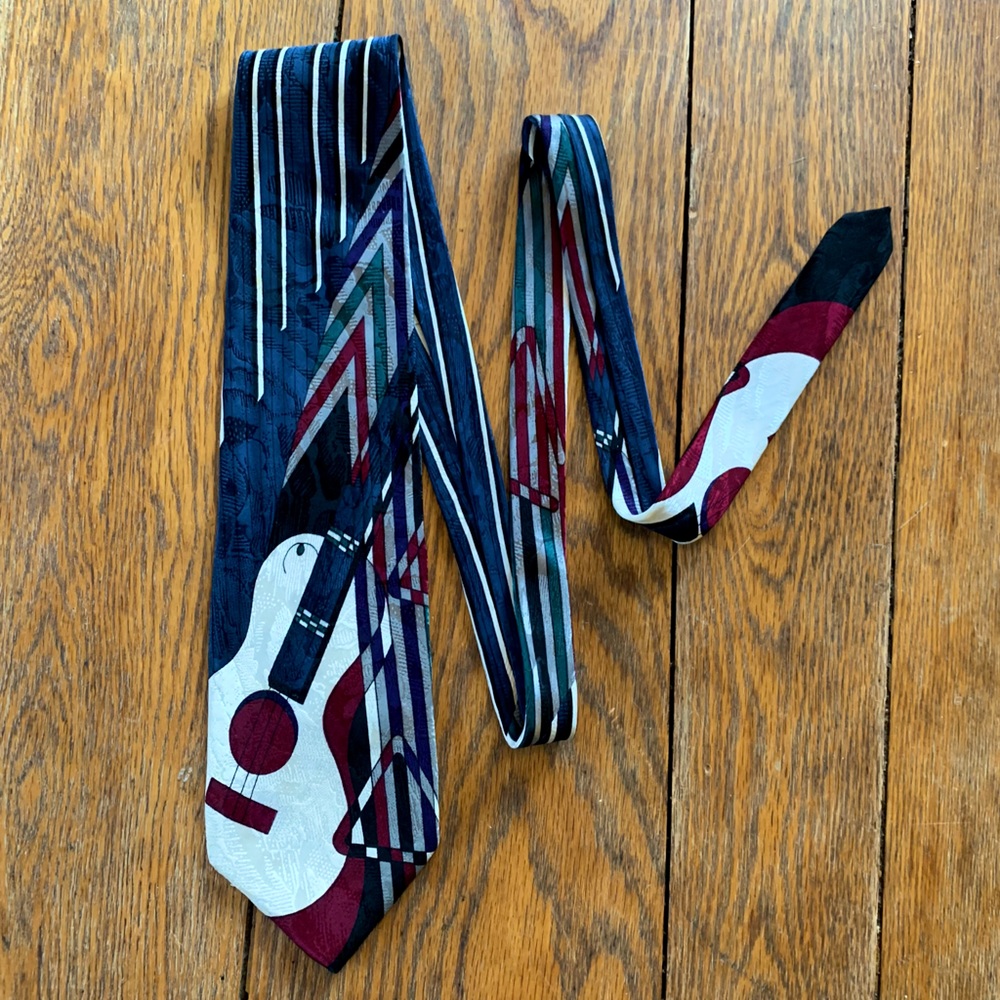 Upbeat by Roffe Vintage Abstract Acoustic Guitar Silk Necktie Navy Blue & Maroon